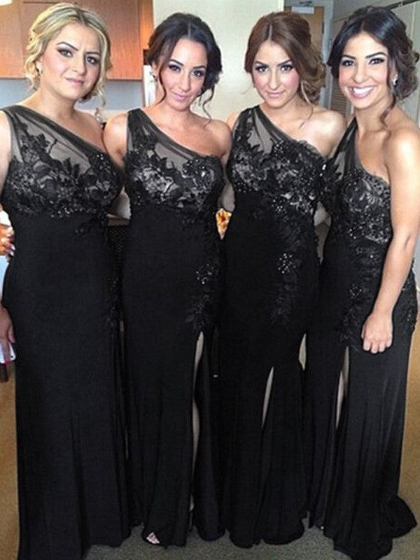 Wholesale Sheath/Column One-Shoulder Sleeveless Spandex Floor-Length Bridesmaid Dresses